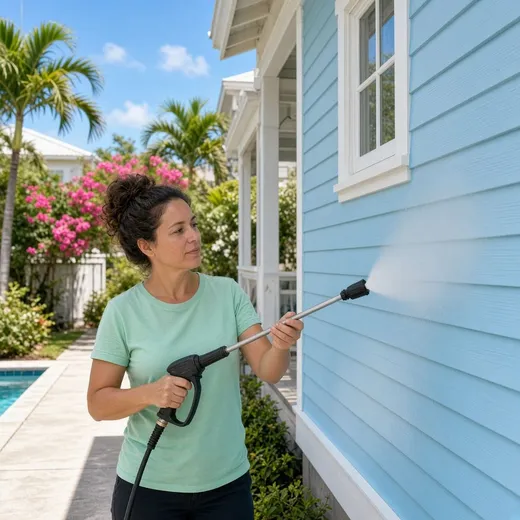 Refreshing the exterior of a Hilton Head vacation-rental villa before turnover, clean siding against resort landscaping