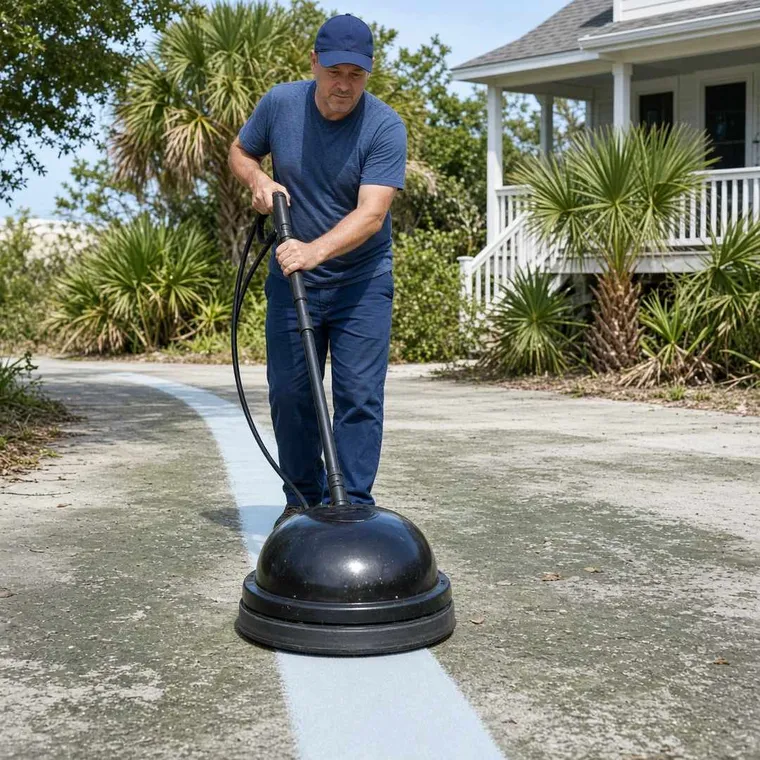 Pushing a rotating surface cleaner across a mildew-stained concrete driveway with a clean stripe trailing behind