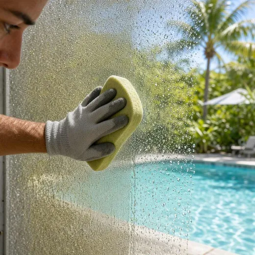 Rinsing a screen panel on a lanai showing clean versus dusty screen contrast